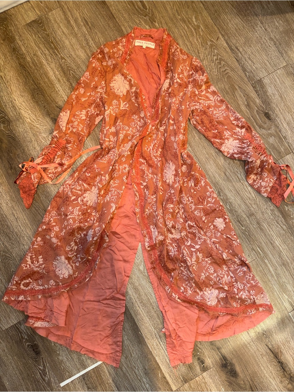 Free People Lara Double Cloth Duster Floral Cottagecore Ribbon Duster Pink Small - Picture 3 of 9
